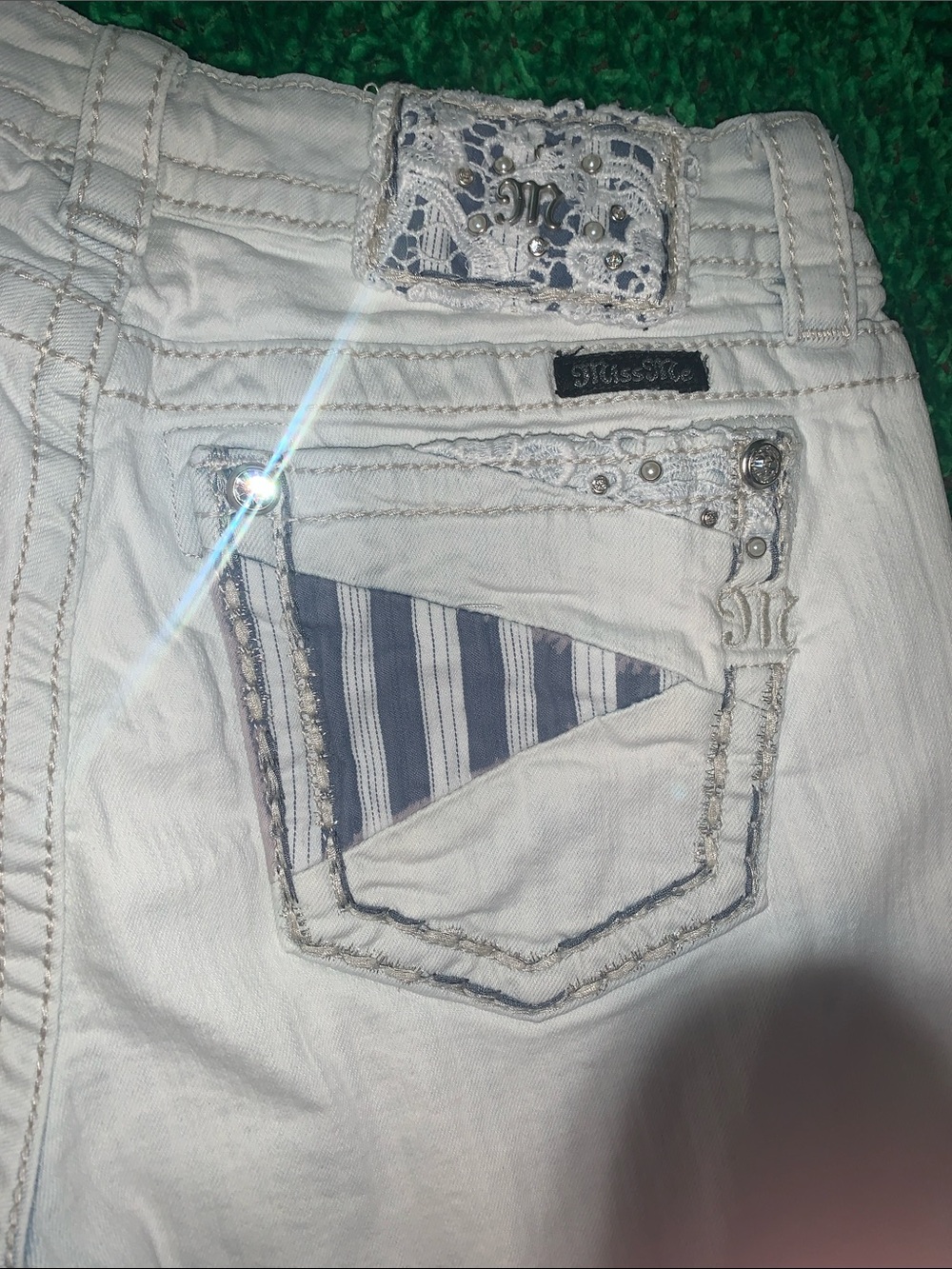 Miss Me White Jeans with Navy Stripe Pocket Accent